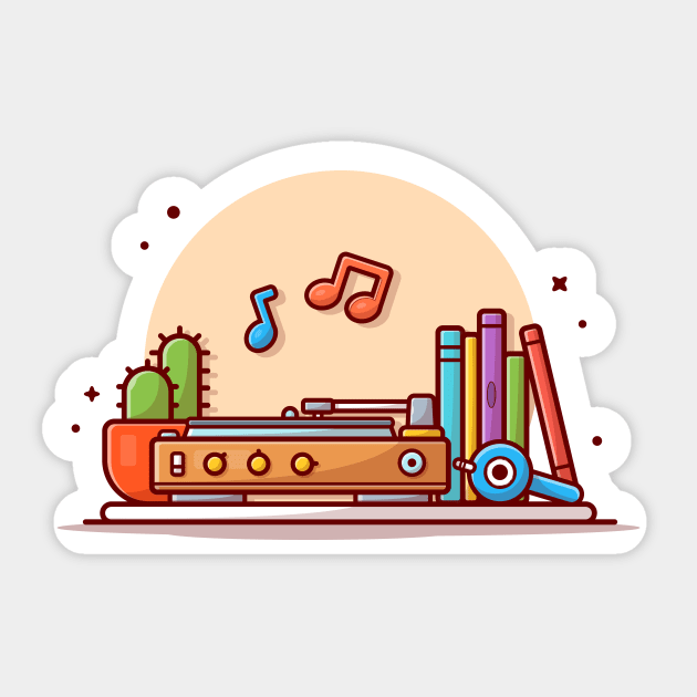 Old Music Player with Gramophone, Headphone, Cactus, Books, and Vinyl Cartoon Vector Icon Illustration Sticker by Catalyst Labs